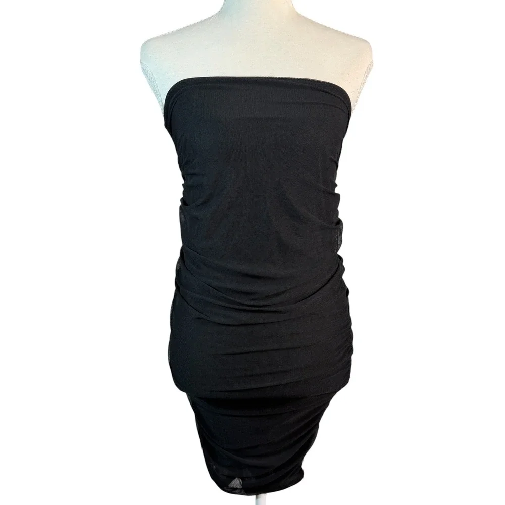 Day & Night Strapless Dress‎ Womens Small Black Ruched Bodycon Mini Mesh